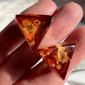 Vintage 1970s Sterling Silver Dry Pressed Flower Triangle Resin Estate Earrings